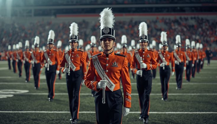 Full marching band field formation in custom fitted uniforms