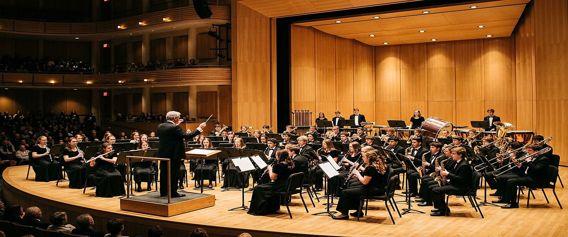 Full Lincolnview High School Band assembled on the concert auditorium stage