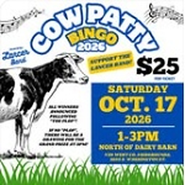 Official Cow Patty Bingo 2026 Fundraiser Flyer with Holstein Cow
